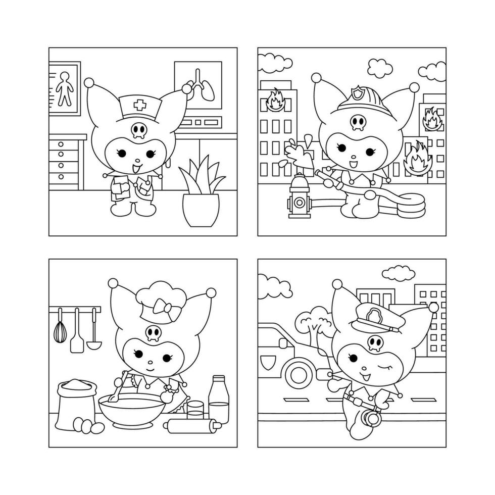 Cute Rabbit with Various Profession Cartoon Coloring Book vector