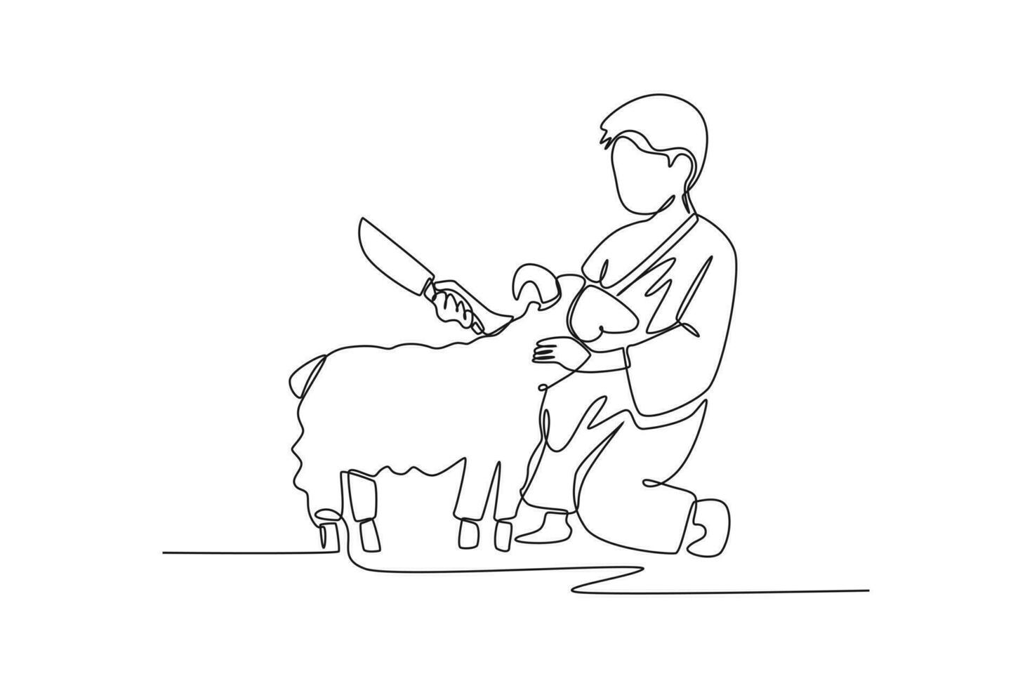 Continuous one line drawing a A Muslim with his Ihram dress slaughter sheep. Hajj and umrah concept. Single line draw design vector graphic illustration.