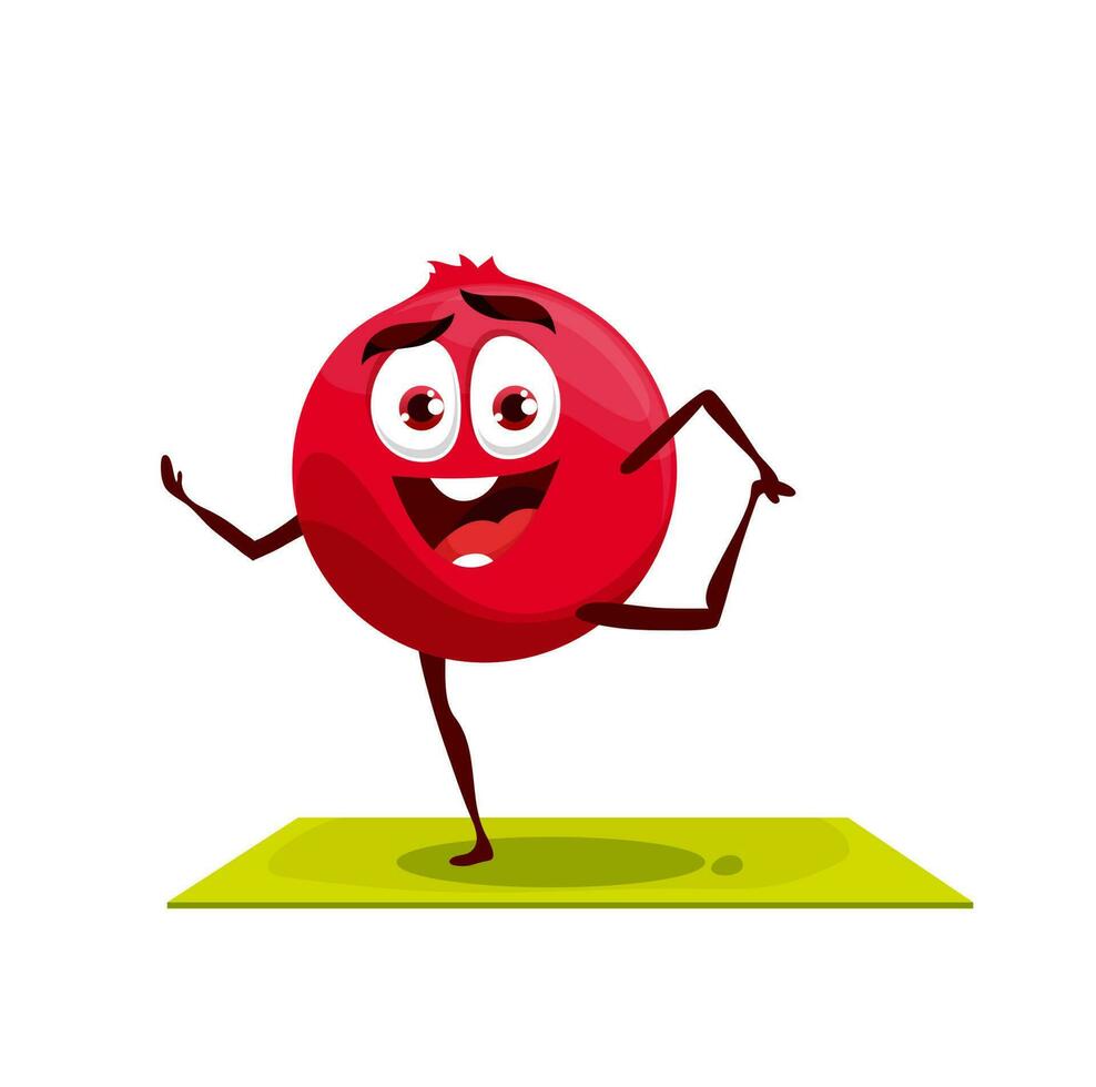 Cartoon cranberry character, yoga fitness sport vector