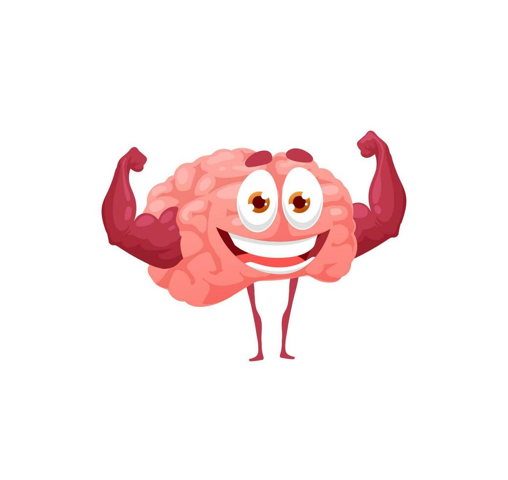 Cartoon brain emoticon showing bodybuilder biceps vector