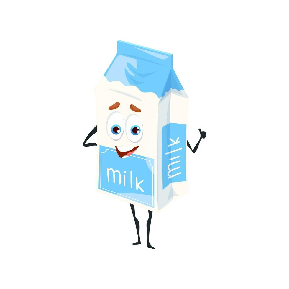 Cartoon funny milk character, dairy food and drink vector