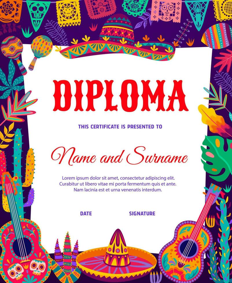 Kids diploma with mexican toucans and cactuses vector