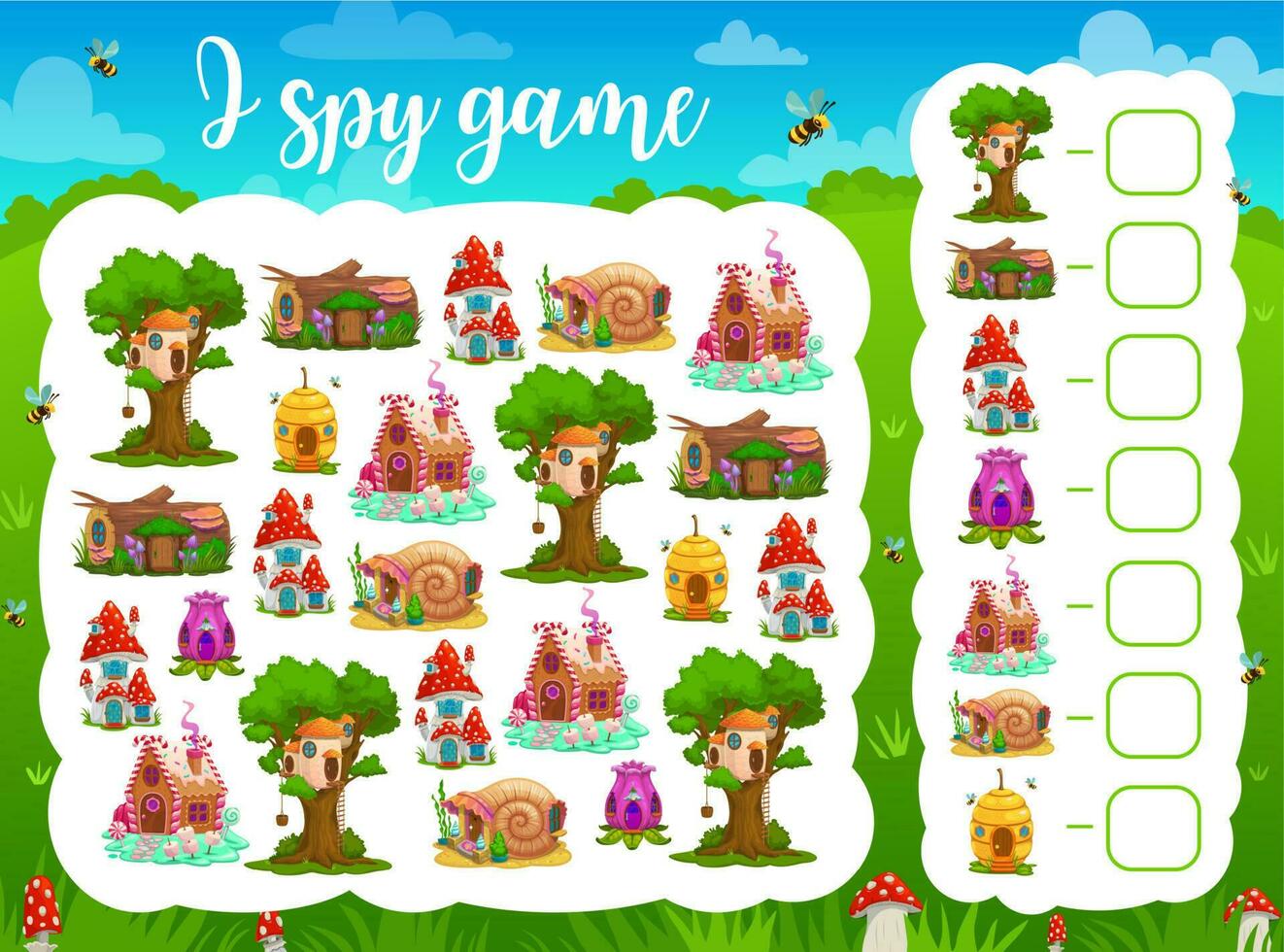 I spy game with cartoon fairy houses vector