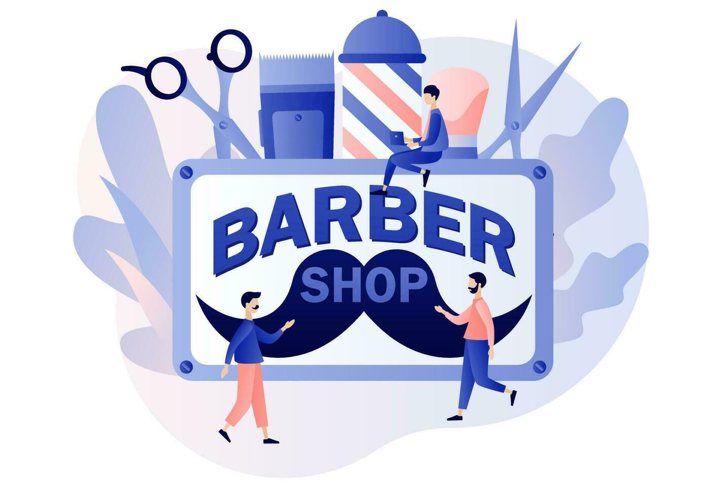 Barbershop. Tiny men and barbers care hair and beard. Haircut, beard trimming and shaving services concept. Hair salon. Modern flat cartoon style. Vector illustration on white background