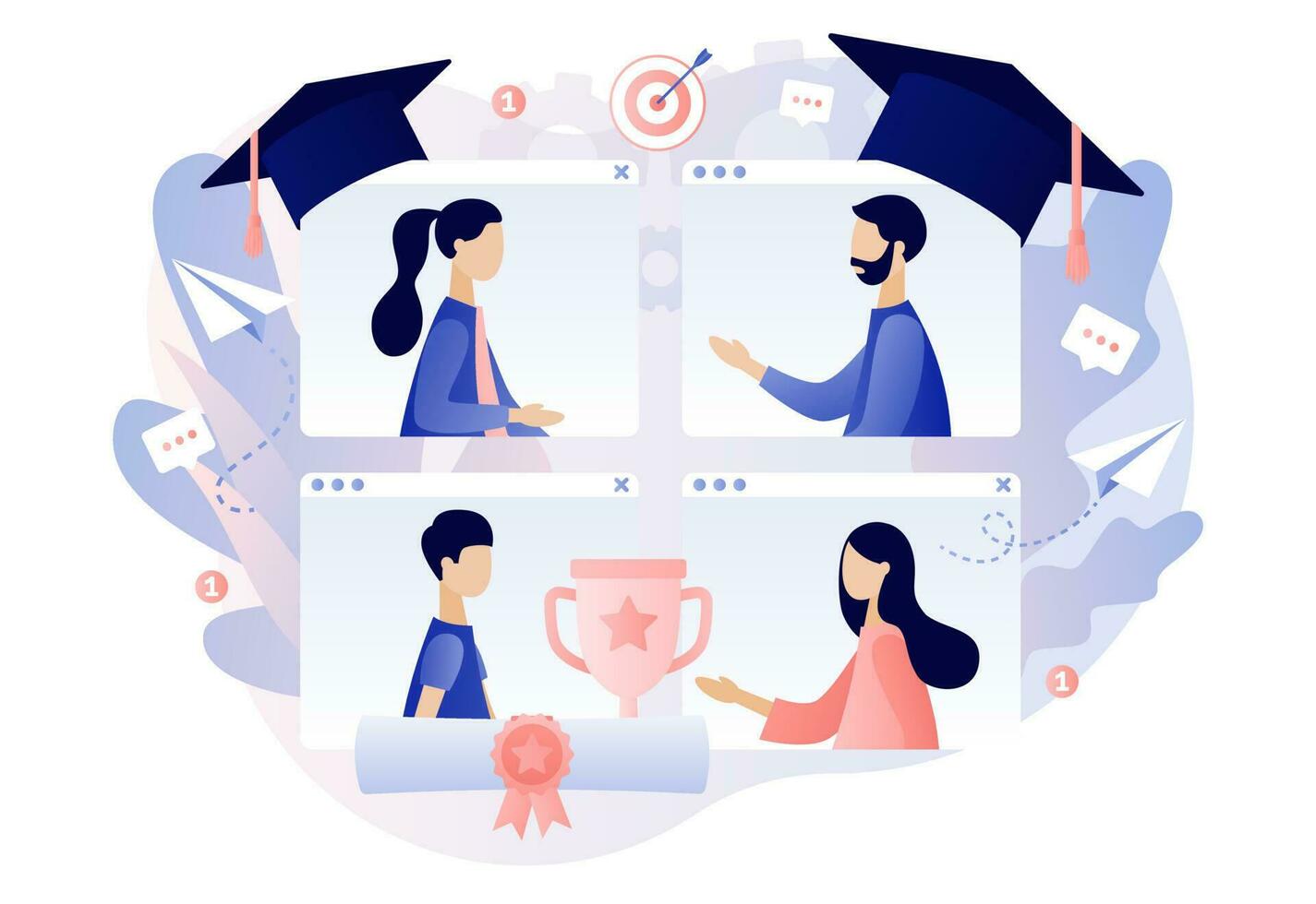 Online graduation ceremony 2021. Graduates receive diplomas and communicate via video. Online education at social distancing. Modern flat cartoon style. Vector illustration on white background