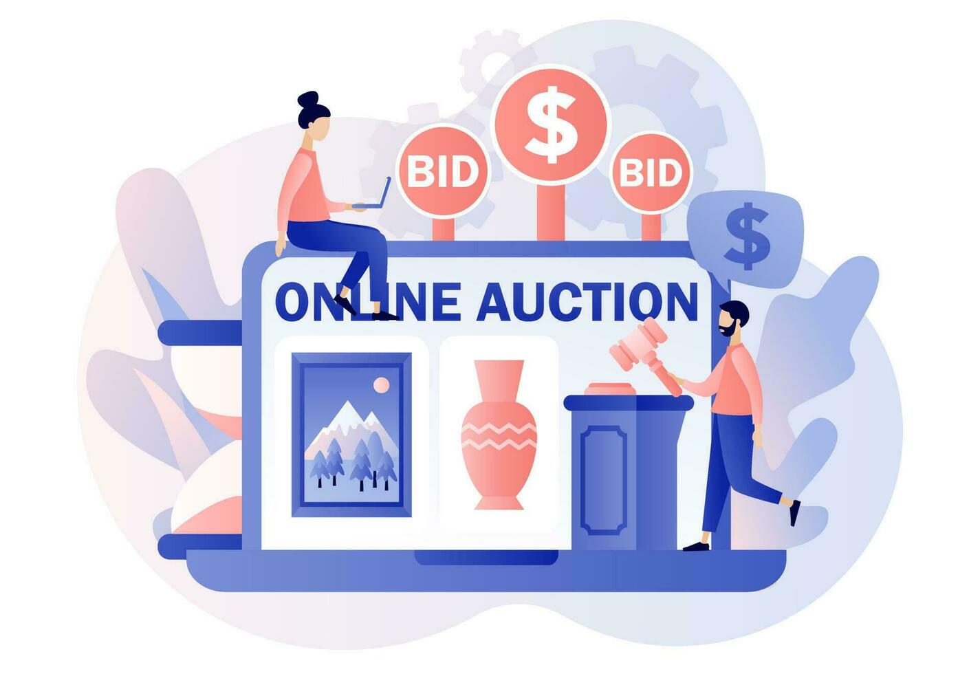 Online Auction concept. Tiny people bidder, buyer and auctioneer bidding in public auction. Painting and vase on laptop screen. Hammer close deal. Modern flat cartoon style. Vector illustration