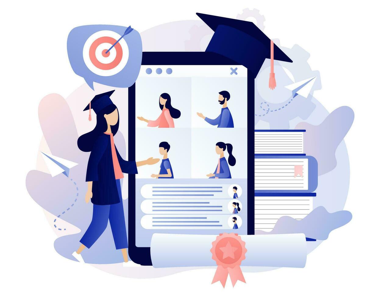 Online graduation. Tiny graduates receive diplomas and communicate via video in smartphone. Online education at social distancing. Modern flat cartoon style. Vector illustration on white background