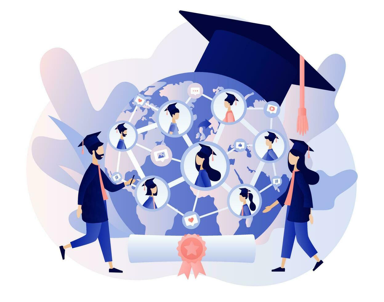 Online graduation. Graduates all over World receive diplomas and communicate via video. Online education at social distancing. Modern flat cartoon style. Vector illustration on white background