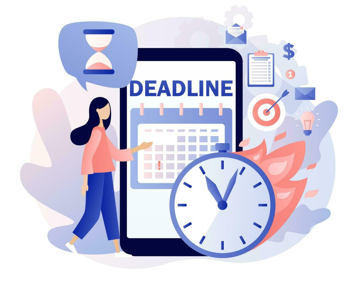 Deadline concept. Smartphone app for control time management and productivity. Tiny woman organize workflow, effective time spending. Modern flat cartoon style. Vector illustration on white background