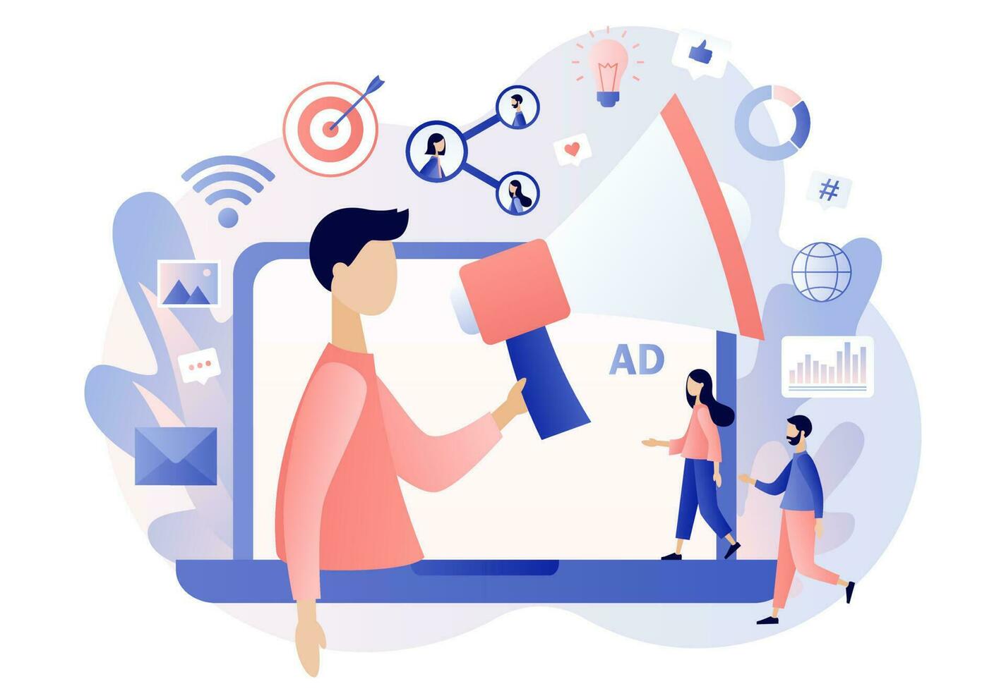 Advertising agency concept. Tiny man with big megaphone in laptop screen. Service advertisement, Digital marketing, SMM, Outdoor advertising. Modern flat cartoon style. Vector illustration