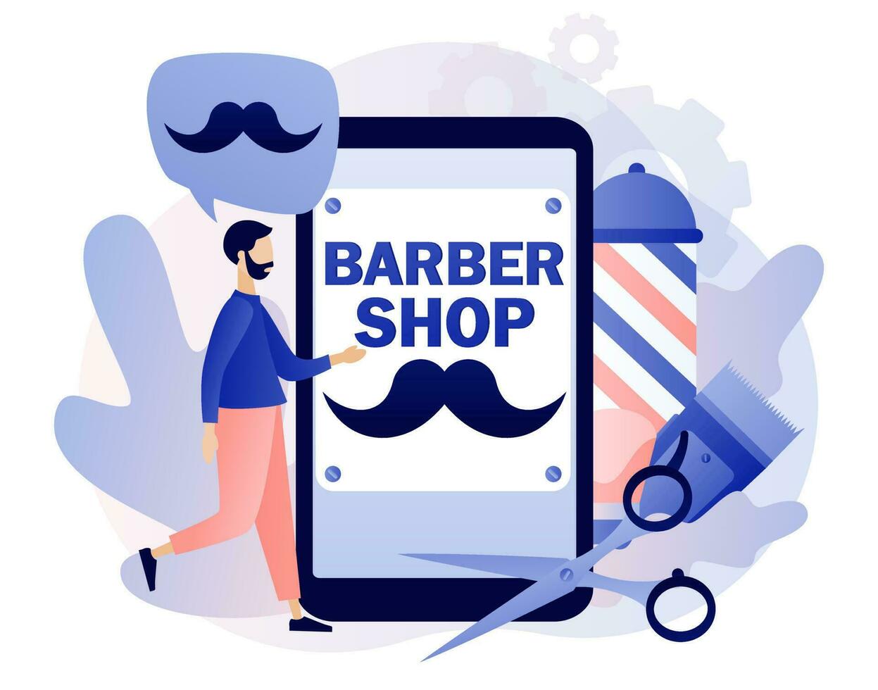 Barbershop - text on smartphone screen. Barbers care hair and beard. Haircut, beard trimming and shaving services concept. Men salon. Modern flat cartoon style. Vector illustration on white background