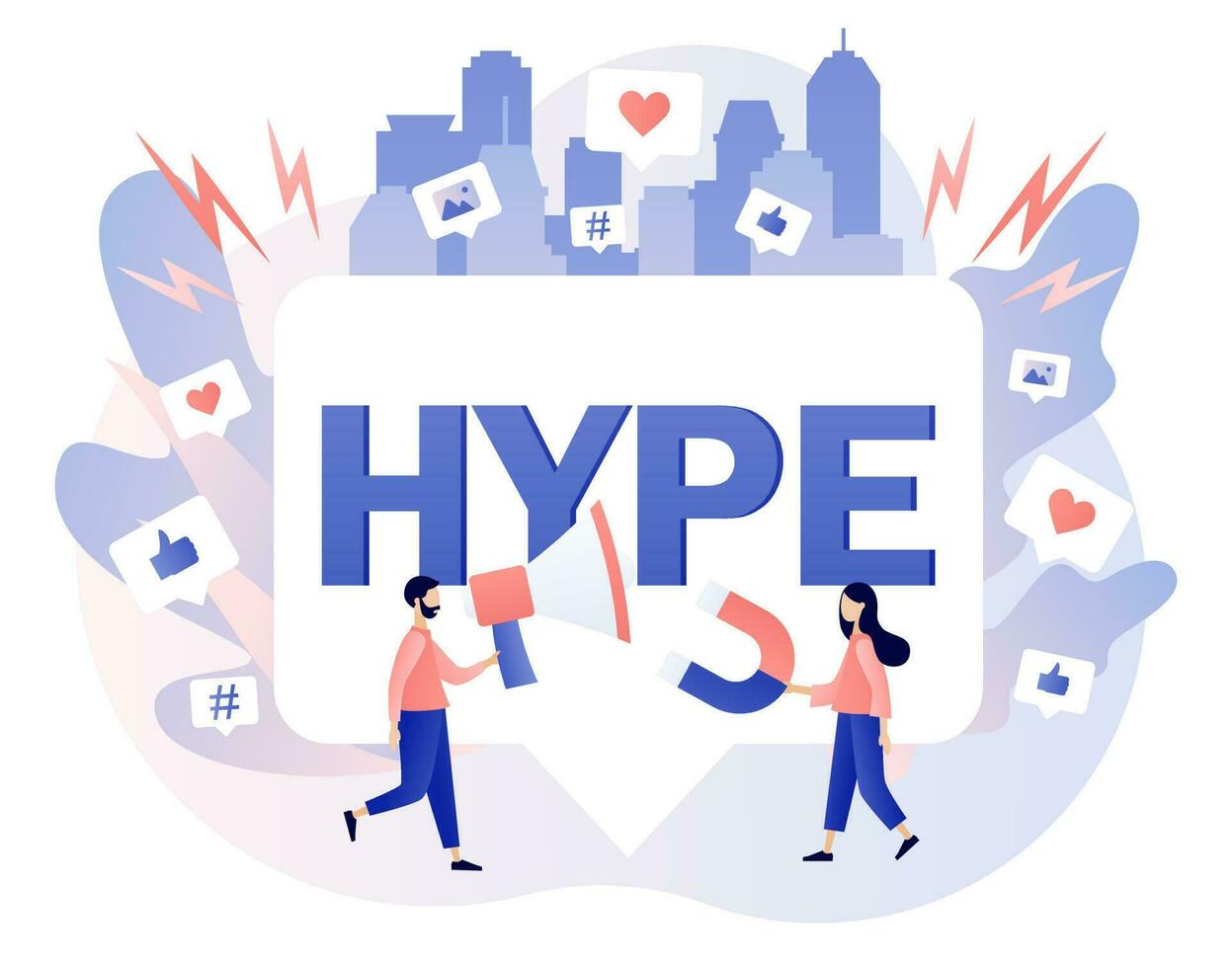 Hype marketing. Tiny people following internet trends. Social media viral or fake content. Bloggers, celebrities, influencers need more likes. Modern flat cartoon style. Vector illustration