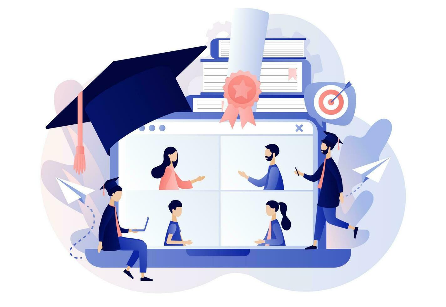 Online graduation. Tiny graduates receive diplomas and communicate via video on laptop. Online education at social distancing. Modern flat cartoon style. Vector illustration on white background