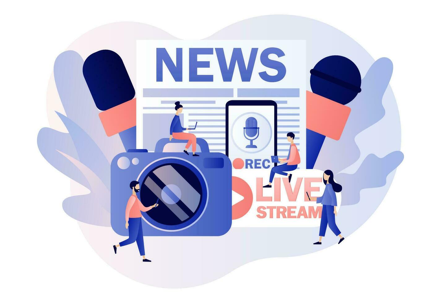 Journalist concept. Mass media news. TV, newspaper, internet and radio journalism. Tiny people journalists with microphones and camera in Live Stream. Modern flat cartoon style. Vector illustration