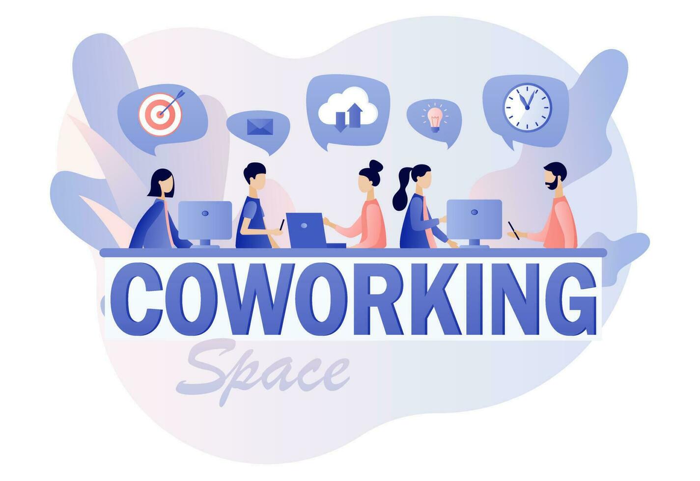 trabajo colaborativo espacio. compartido trabajando ambiente. minúsculo personas trabajando en portátiles, ordenadores, teléfonos inteligentes en compartido moderno oficina lugar de trabajo. negocio reunión. moderno plano dibujos animados estilo. vector ilustración