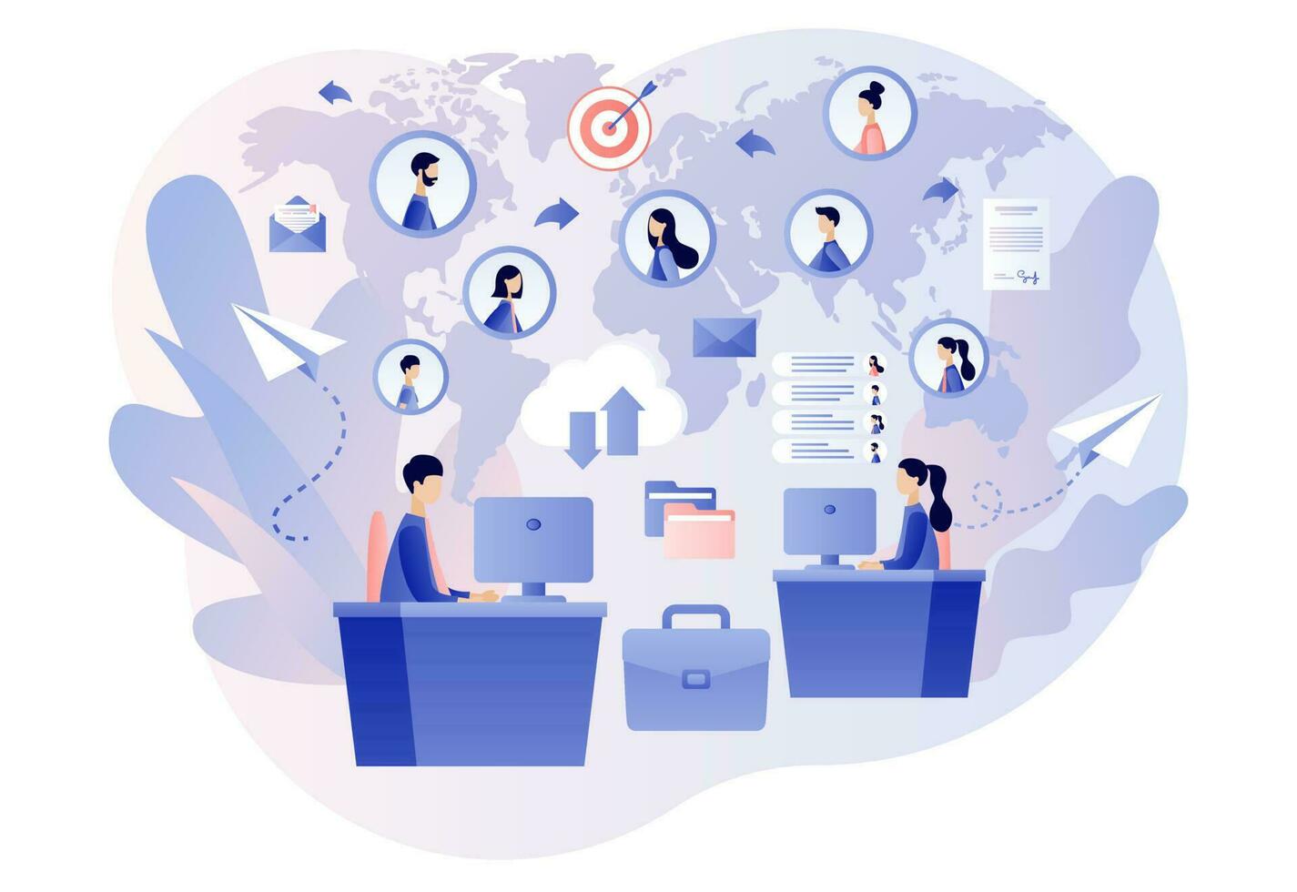 Remote working. Work from home. Tiny people from around the world connecting and working online. Freelance. Modern flat cartoon style. Vector illustration on white background