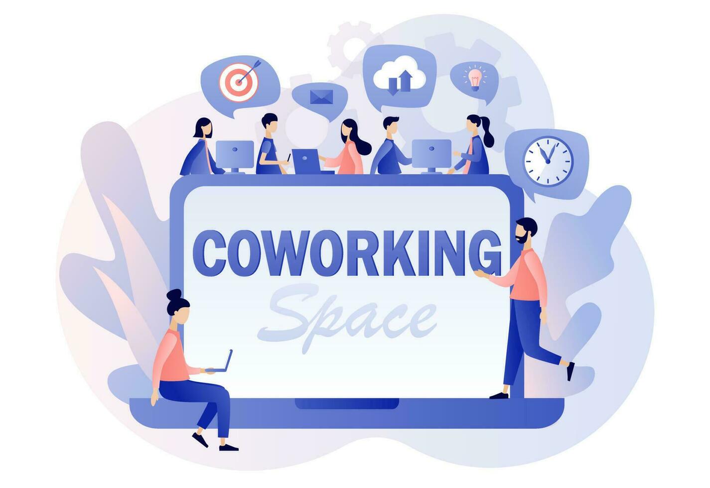 Co-working space - text on laptop screen. Tiny people working on computers, smartphones on shared modern office workplace. Shared working environment. Modern flat cartoon style. Vector illustration
