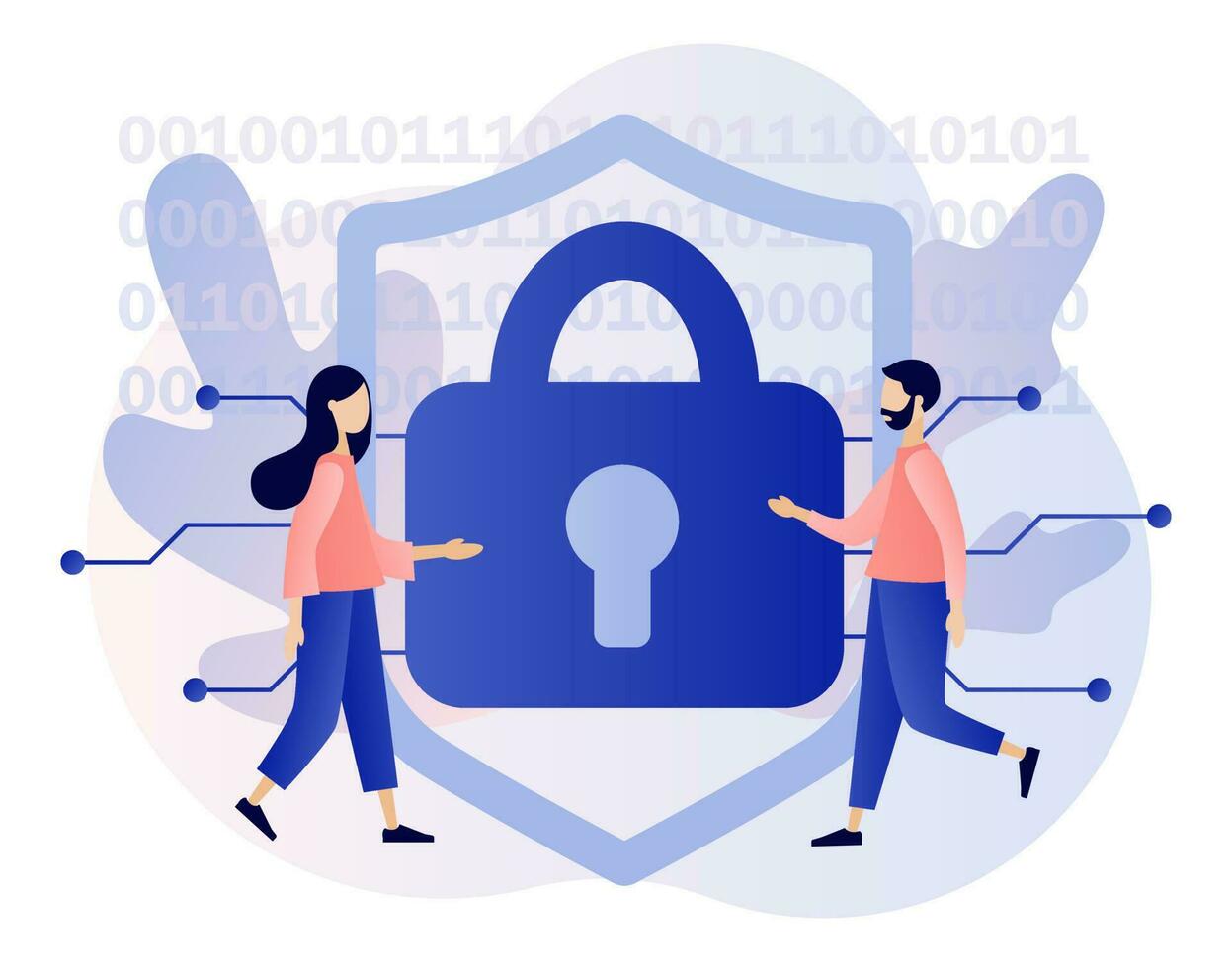 Cyber security. Tiny people protection of computer services and electronic information. Global network security. Data protection. Digital access and online safety. Modern flat cartoon style. Vector