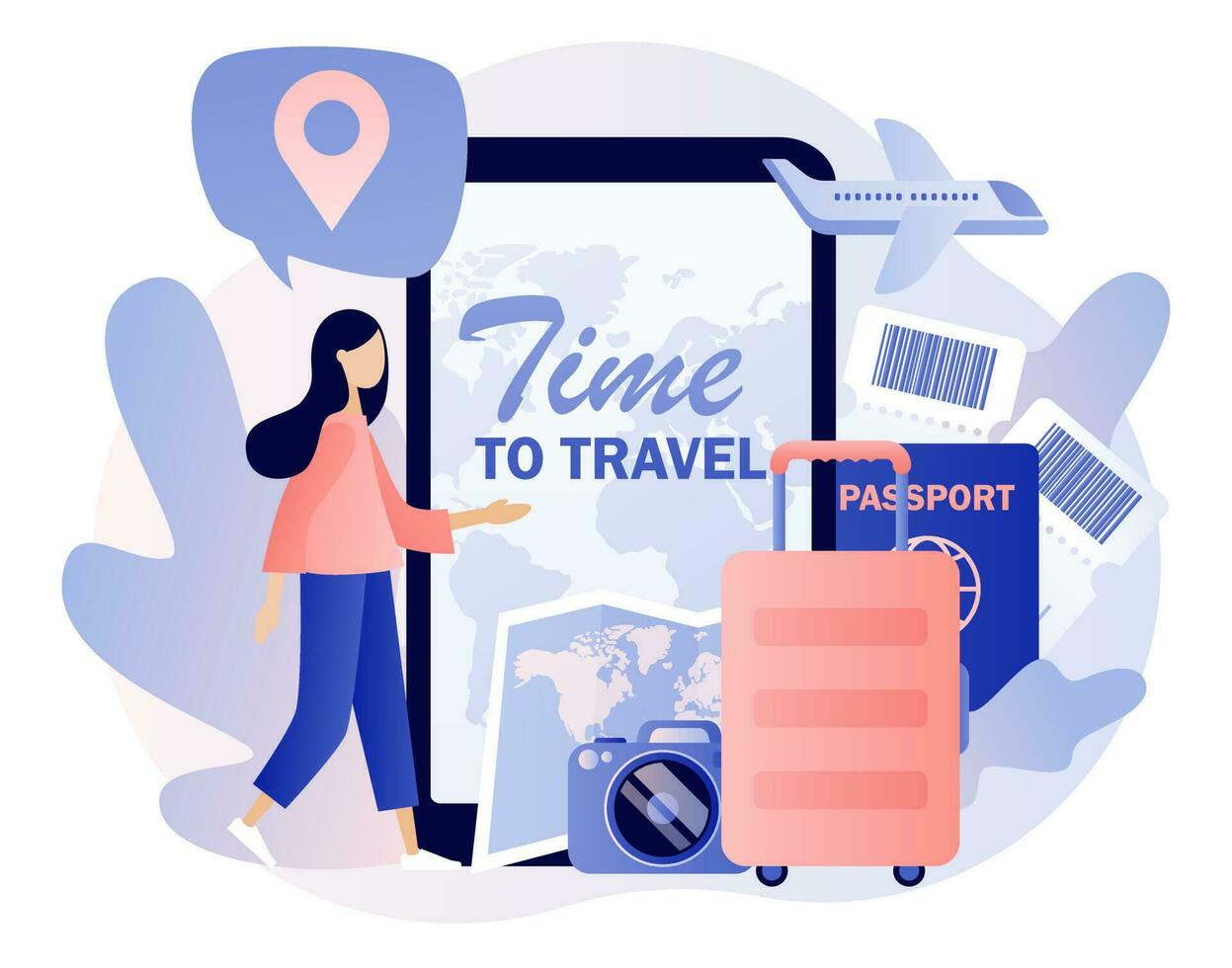 Time to travel - text on smartphone screen. Tiny girl planning vacation. Tourism. Trip to world. Road trip. Tour. Suitcase, world map and tourism set. Modern flat cartoon style. Vector illustration