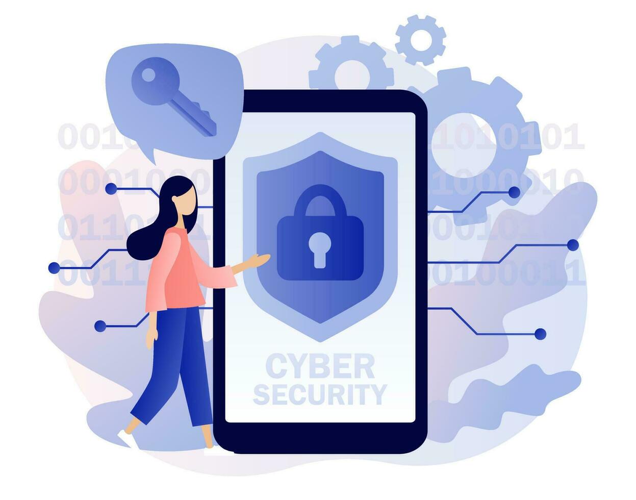 ciber seguridad - texto en teléfono inteligente pantalla. global red seguridad. datos proteccion. minúsculo mujer proteccion de computadora servicios y electrónico información. moderno plano dibujos animados estilo. vector