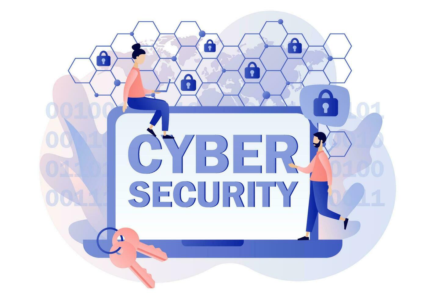 Cyber security - text on laptop screen. Global network security. Data protection. Tiny people protection of computer services and electronic information. Modern flat cartoon style. Vector illustration