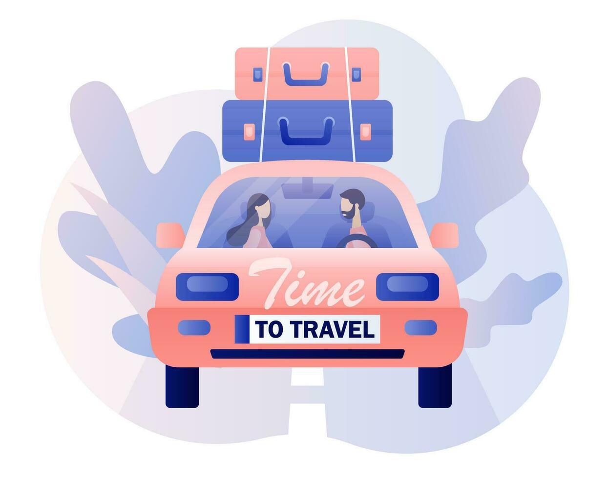 Road trip. Time to travel. Tiny people in the car go camping. Tourism. Trip to world. Tour. Suitcase, world map and tourism set. Modern flat cartoon style. Vector illustration on white background