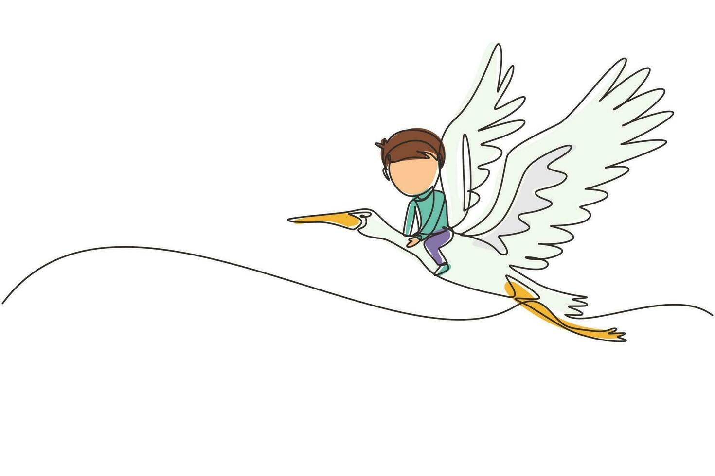 Single one line drawing happy little boy flying with stork. Child fly and sitting on back stork bird at sky. Kids learning to ride cute stork. Continuous line draw design graphic vector illustration