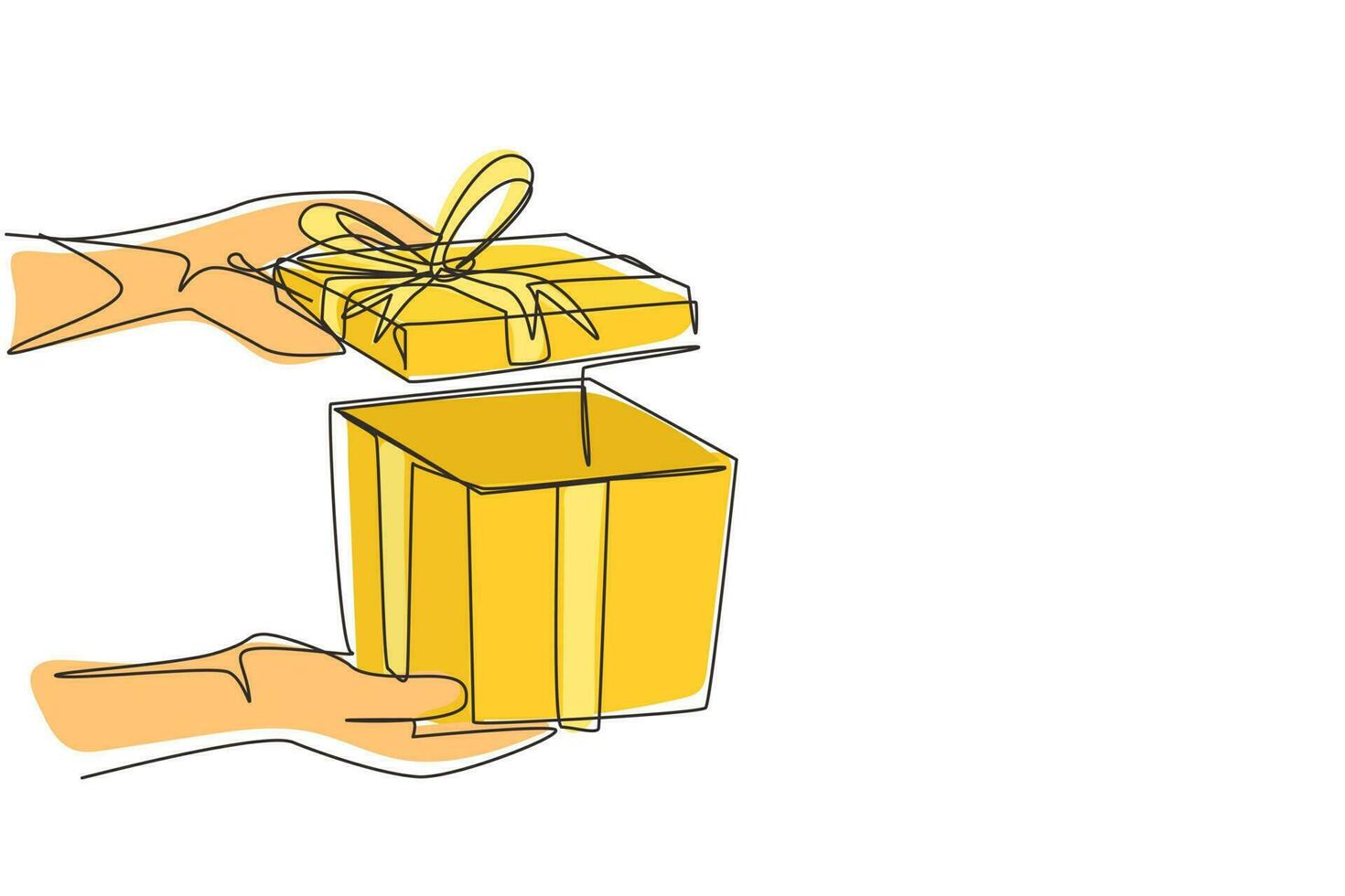 Continuous one line drawing woman holding gift box on holiday. Opened decorative box with confetti. Present package with bursting elements, surprise inside. Single line draw design vector graphic