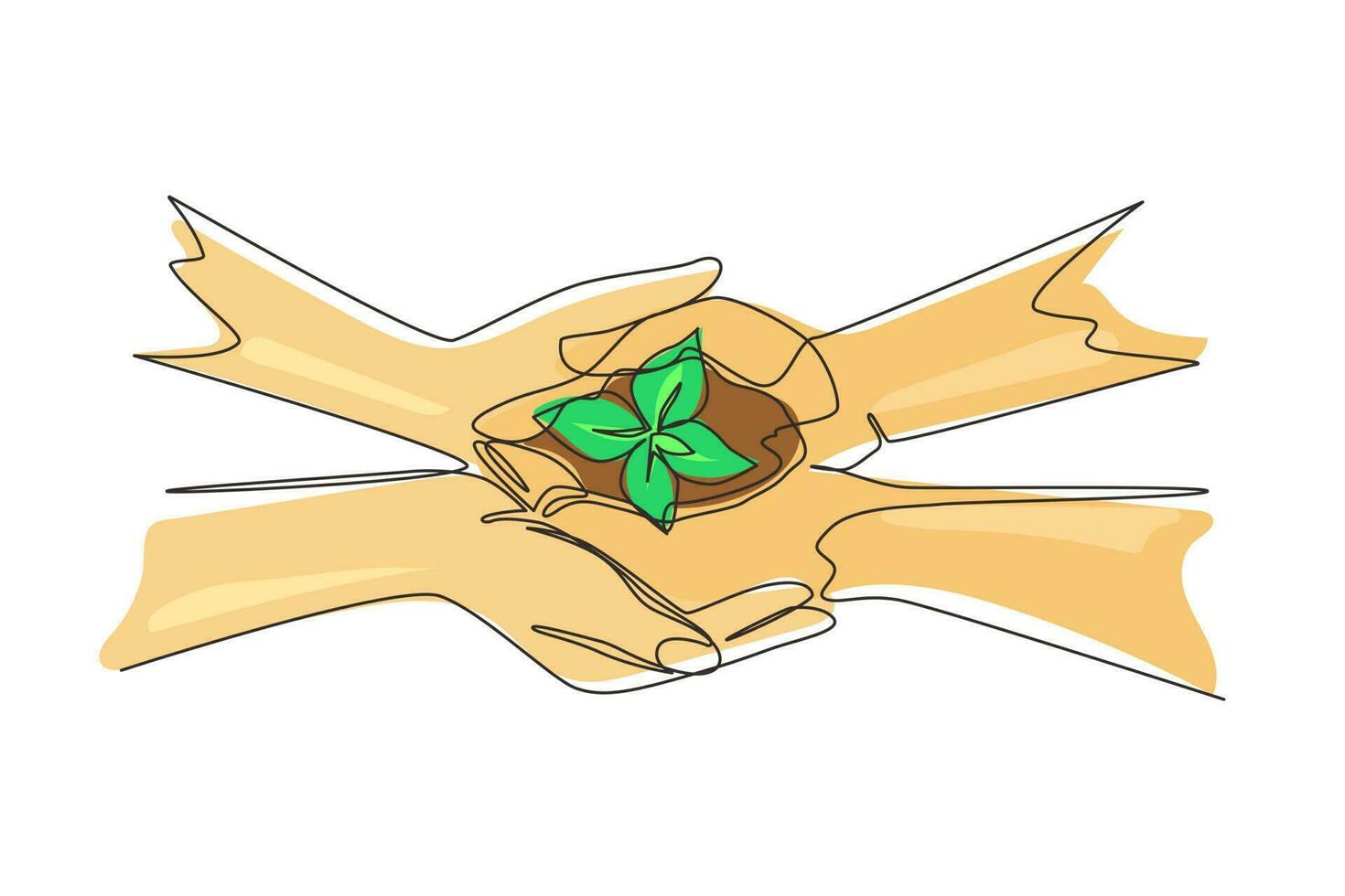 Single one line drawing two hands holding together young of a tree. Hands kids team work protecting and reduce global warming earth, top view. Continuous line draw design graphic vector illustration