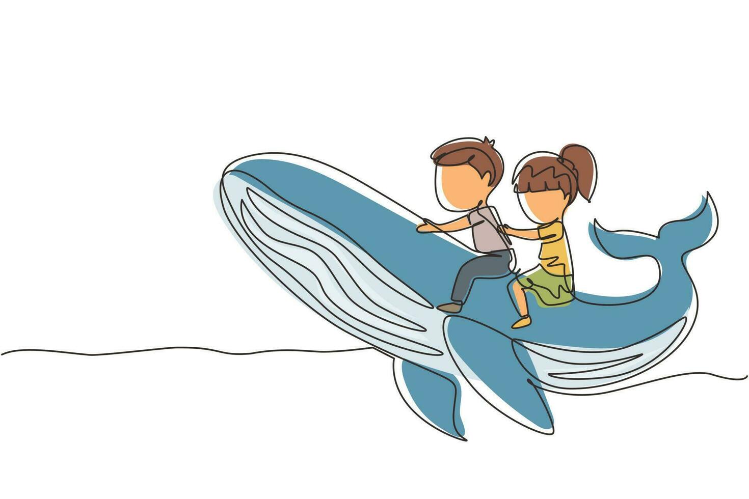 Single one line drawing little boy and girl riding blue whale together. Kids sitting on back of whale. Cheerful children on back of large blue whale. Modern continuous line draw design graphic vector