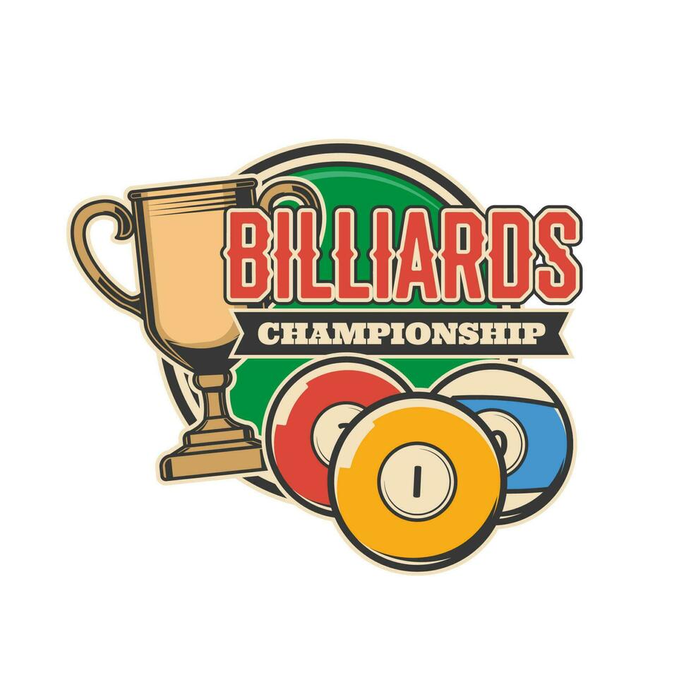 Billiards championship icon, balls and gold trophy vector