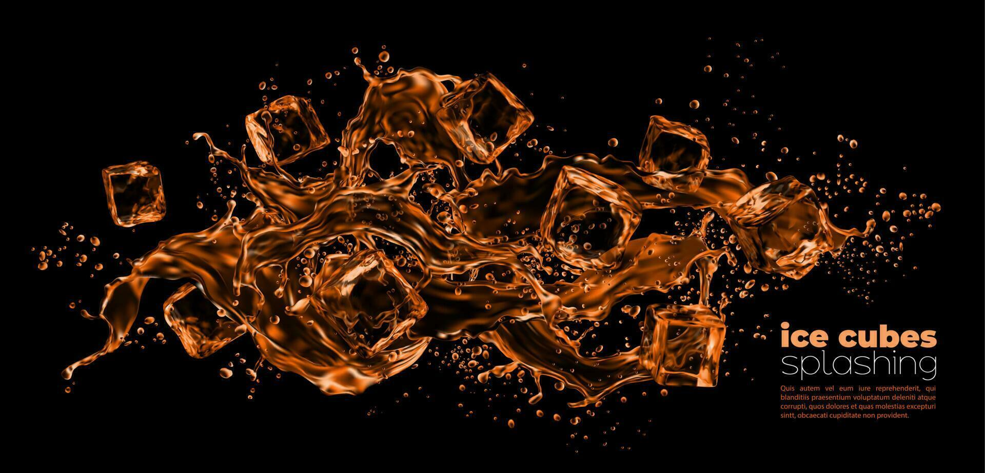 Realistic ice cubes and whiskey wave splashes vector