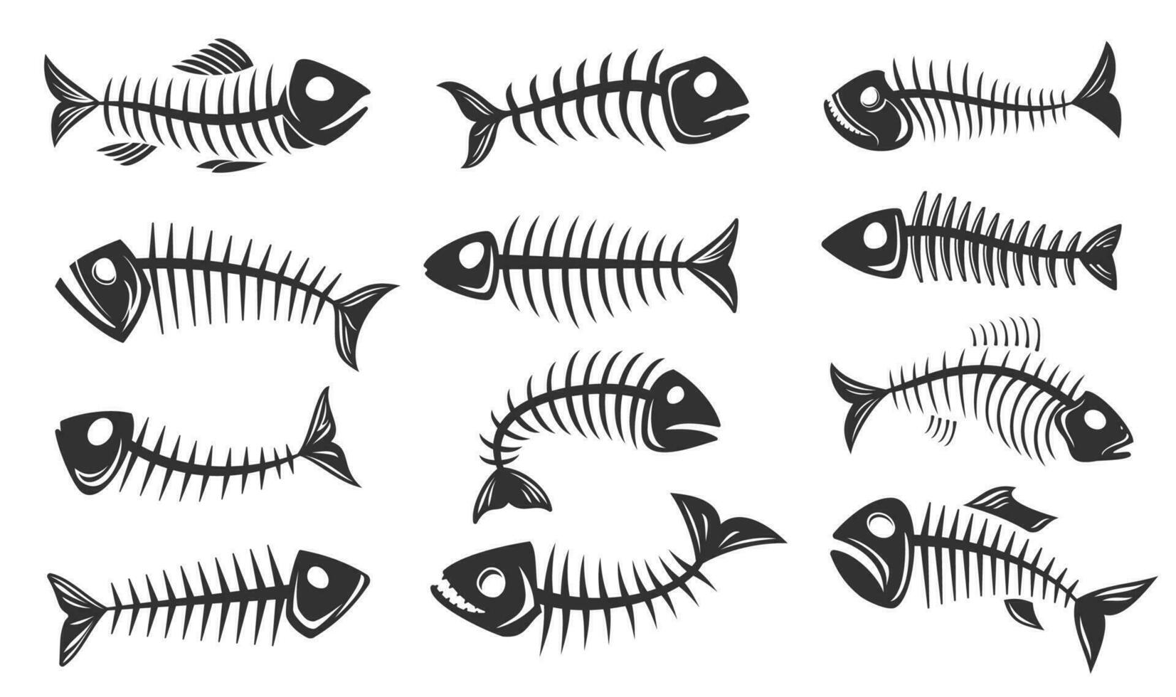 Fish bone icons, fishbone skeleton silhouettes vector
