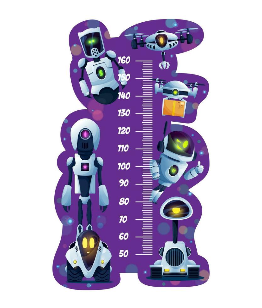 Kids height chart, growth measure cartoon robots vector