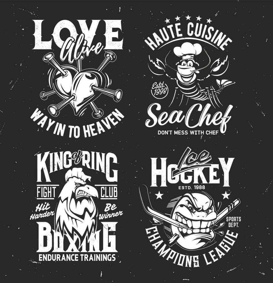 camiseta huellas dactilares con corazón, langosta, polla y pescado vector