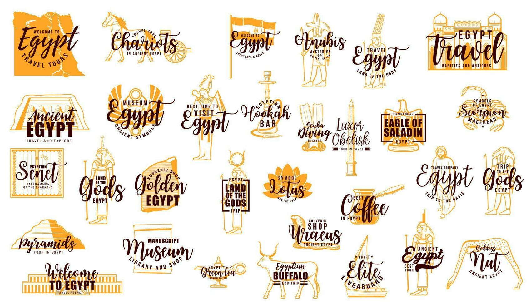 Egypt culture and religion icons with lettering vector