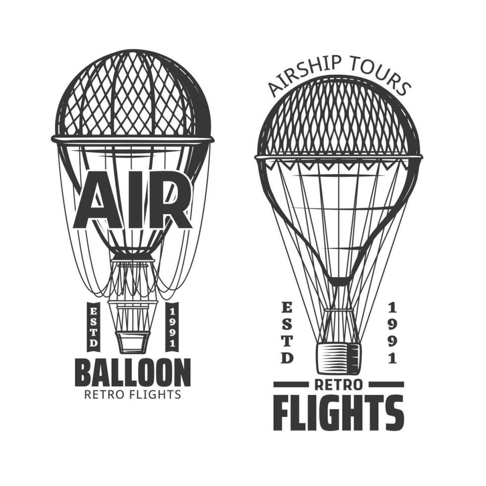Hot air balloon flight icons, vector travel