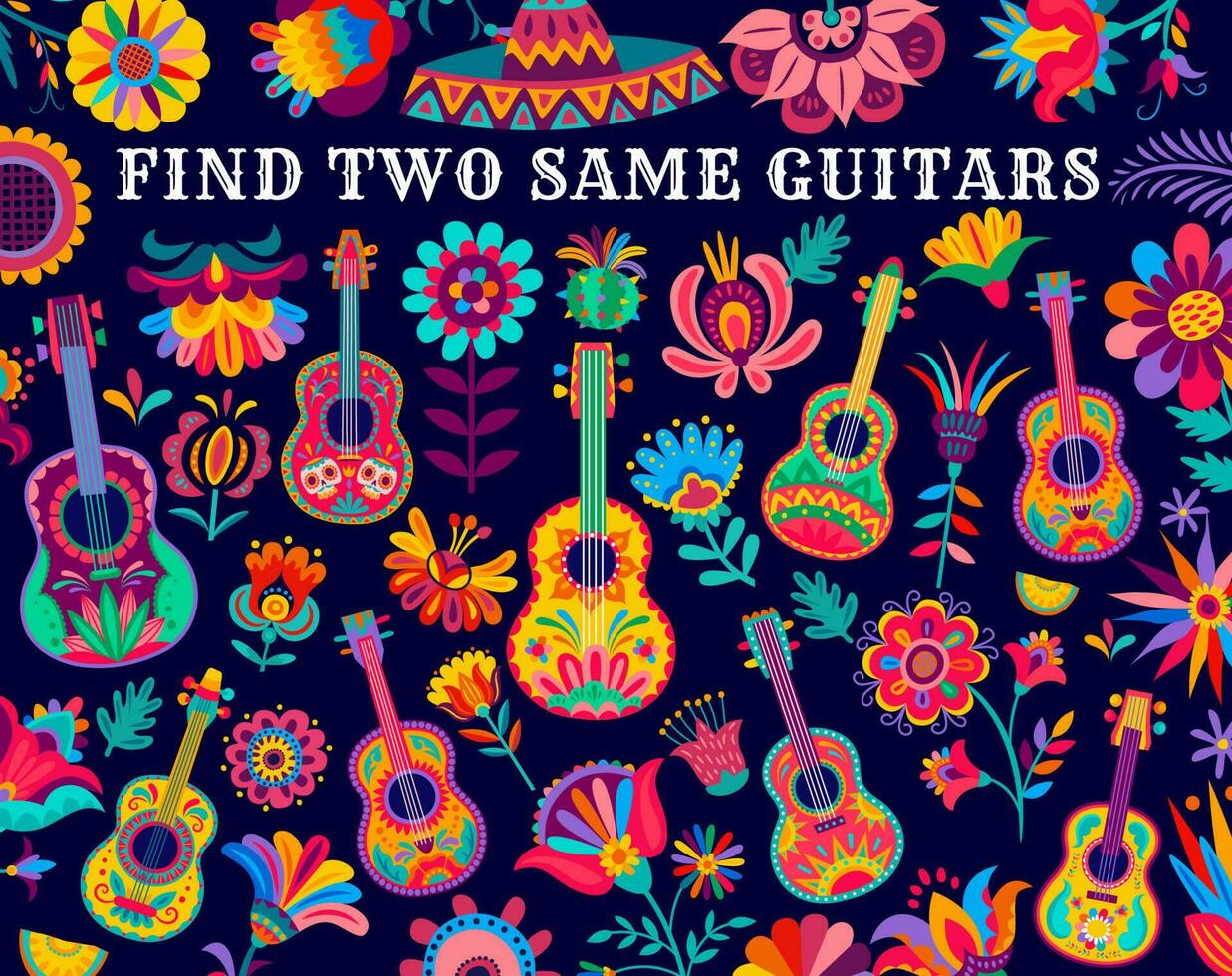 Find two same Mexican guitars, kids game riddle vector