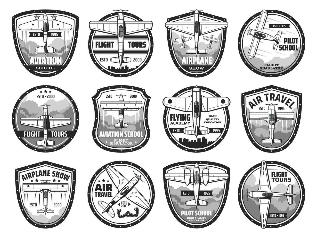 aire viaje y avión espectáculo íconos vector conjunto