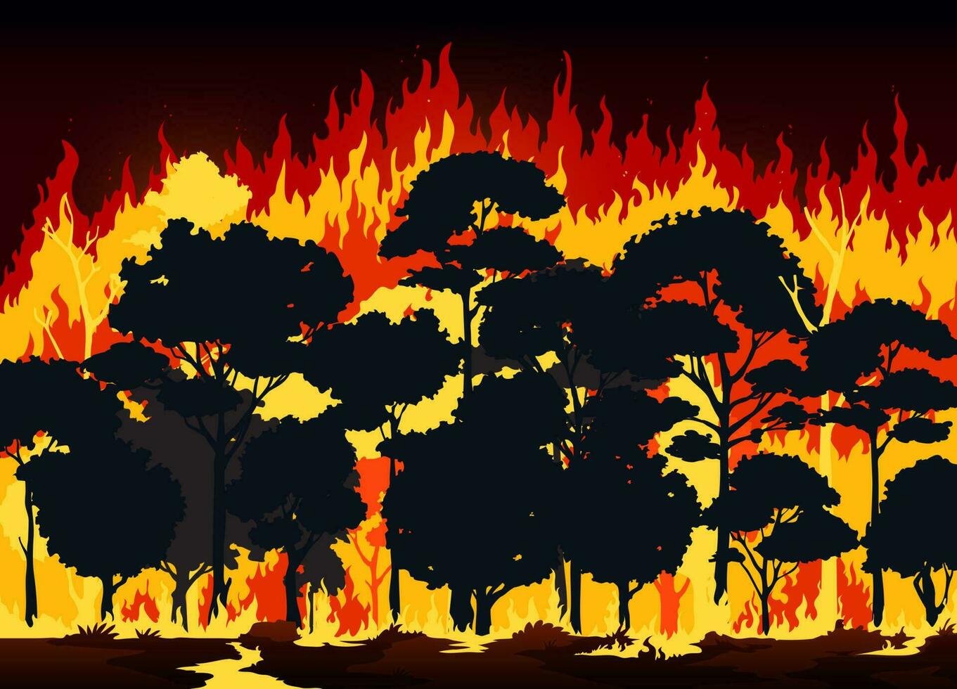 pared fuego fatuo en bosque, ardiente arboles y suelo vector