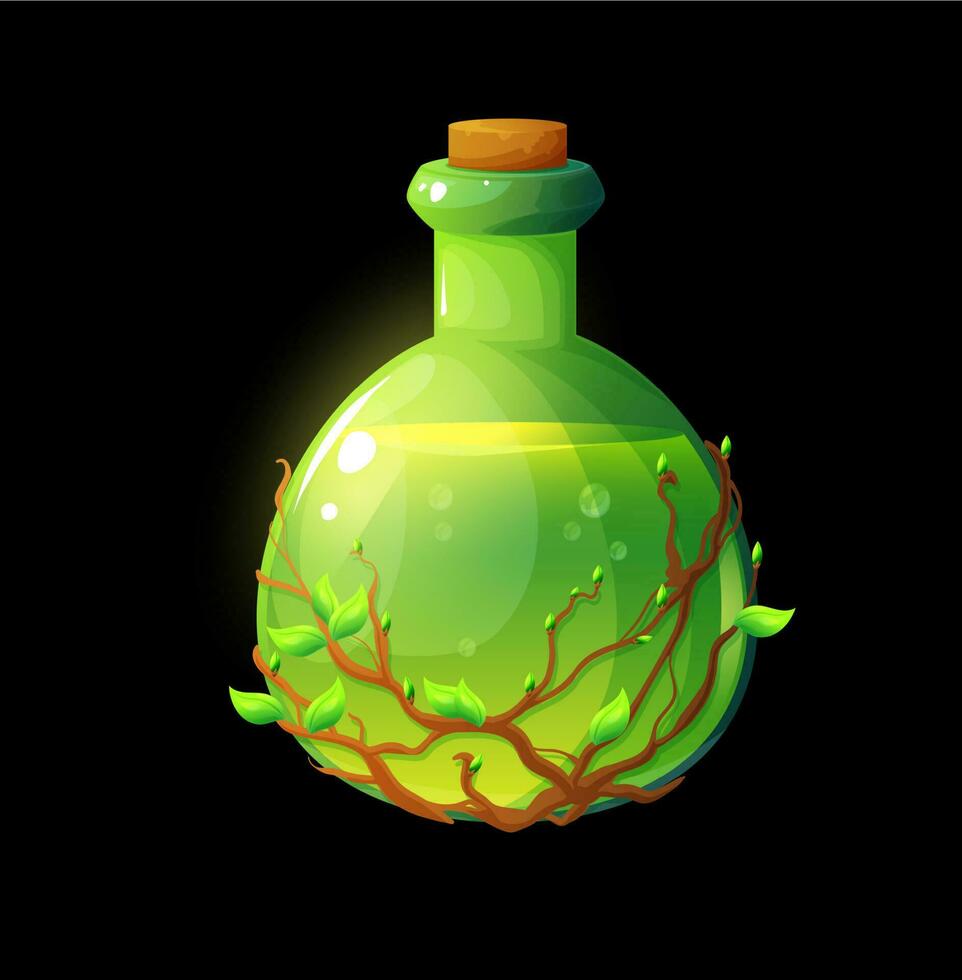 Potion bottle with leaves and branches elixir vial vector