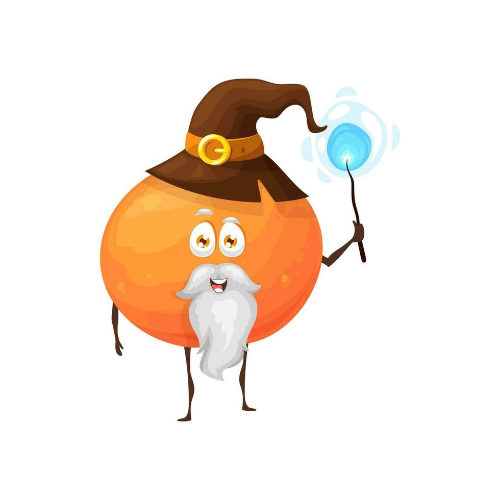 Cartoon orange fruit wizard or magician character vector