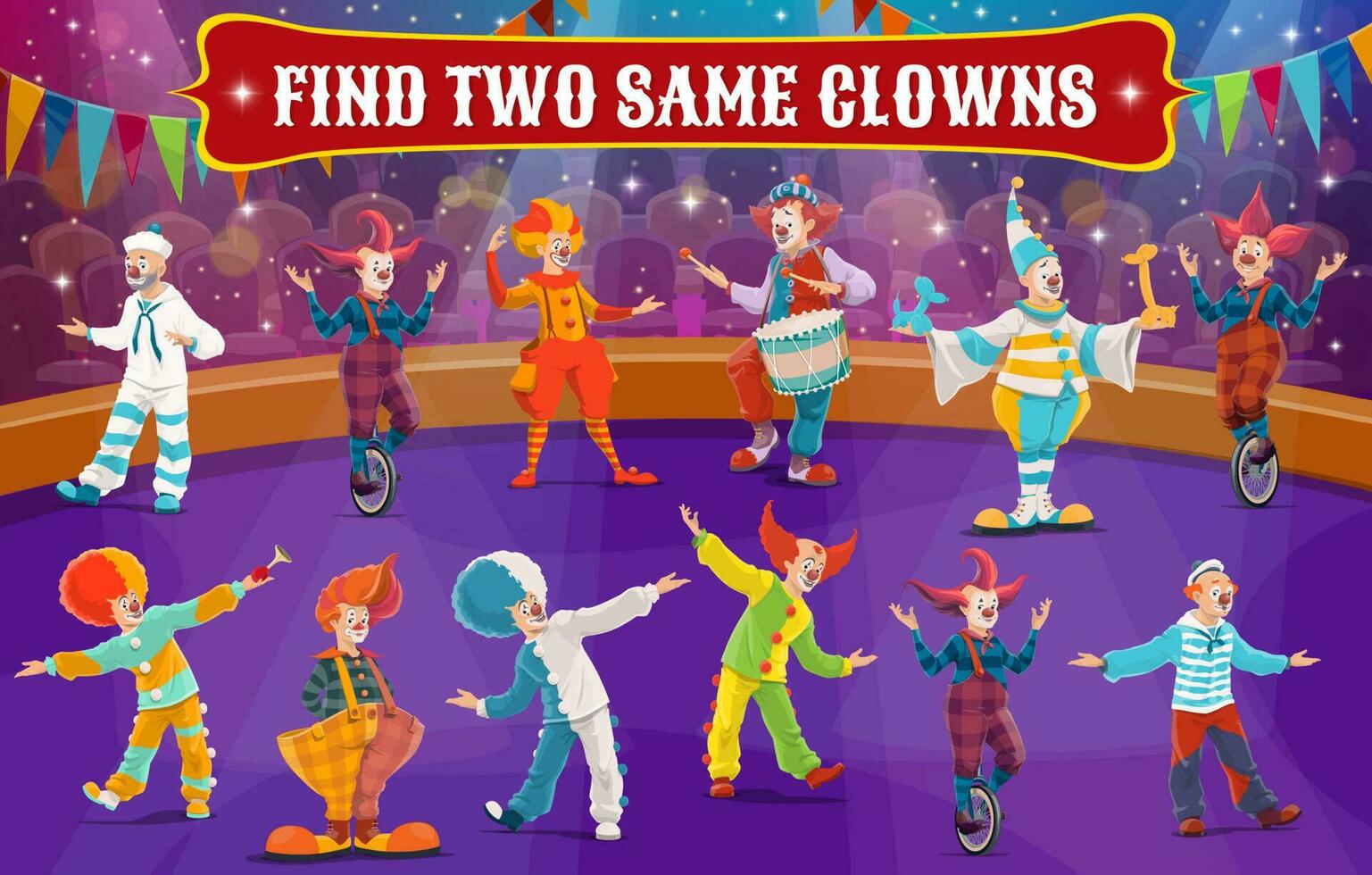 Find two same circus clowns, vector kids maze game