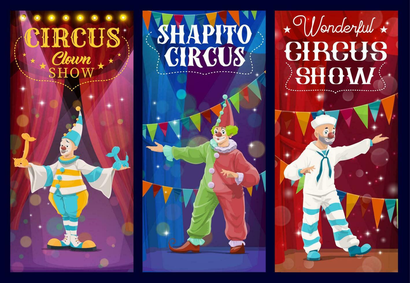 shapito circo payasos y arlequín caracteres vector