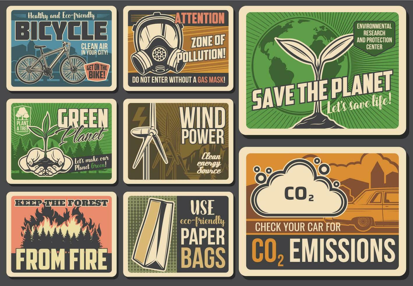 ecológico retro vector carteles salvar el planeta