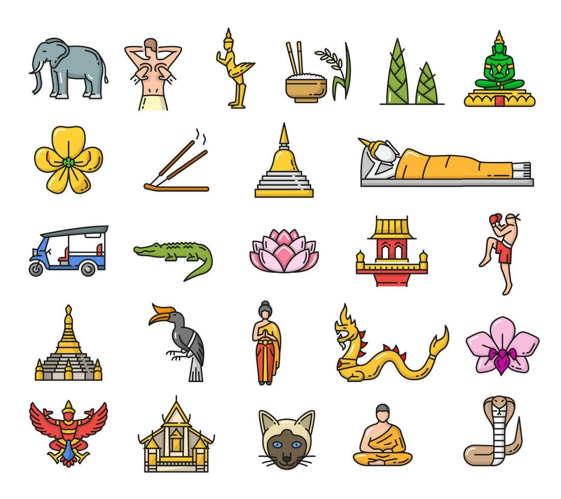 Thailand landmarks, culture and religion line icon vector