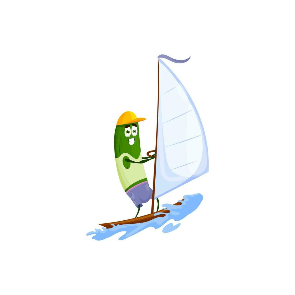 Cucumber cartoon character surfing, summer rest vector