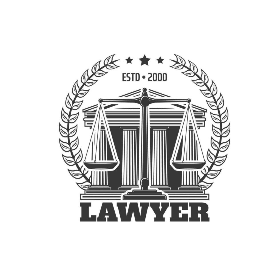 Lawyer icon with scales of justice, laurel wreath vector