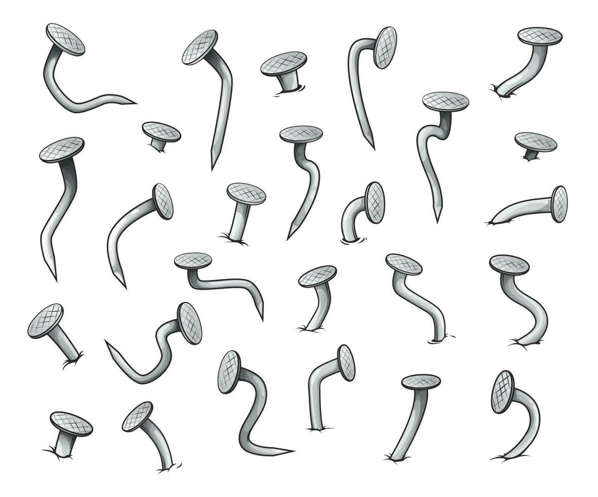 Cartoon bent nails. Isolated steel metal nails set vector