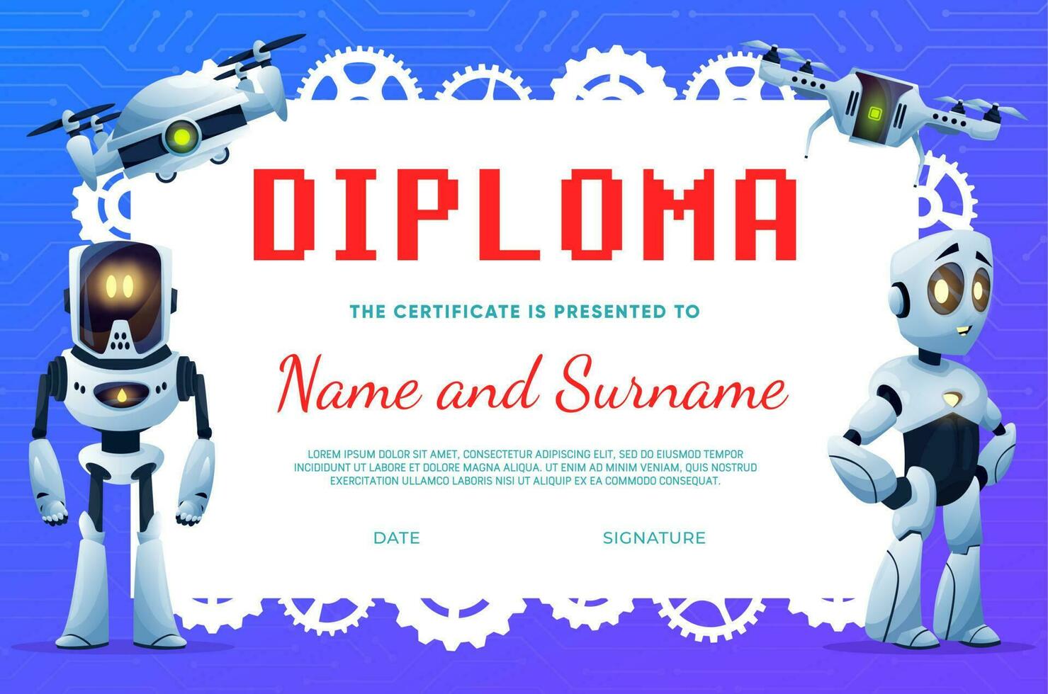 Kids diploma with cartoon robots and drones vector